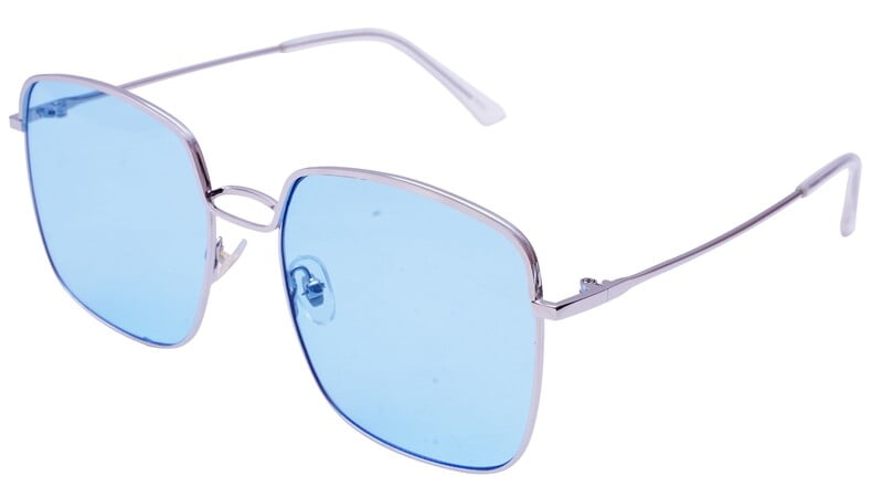 Female Oversized Square Sunglasses. Silver Color Frame. Blue Color UV Protected Flat Lens. Female Oversized Square Sunglasses. Silver Color Frame. Blue Color UV Protected Flat Lens.