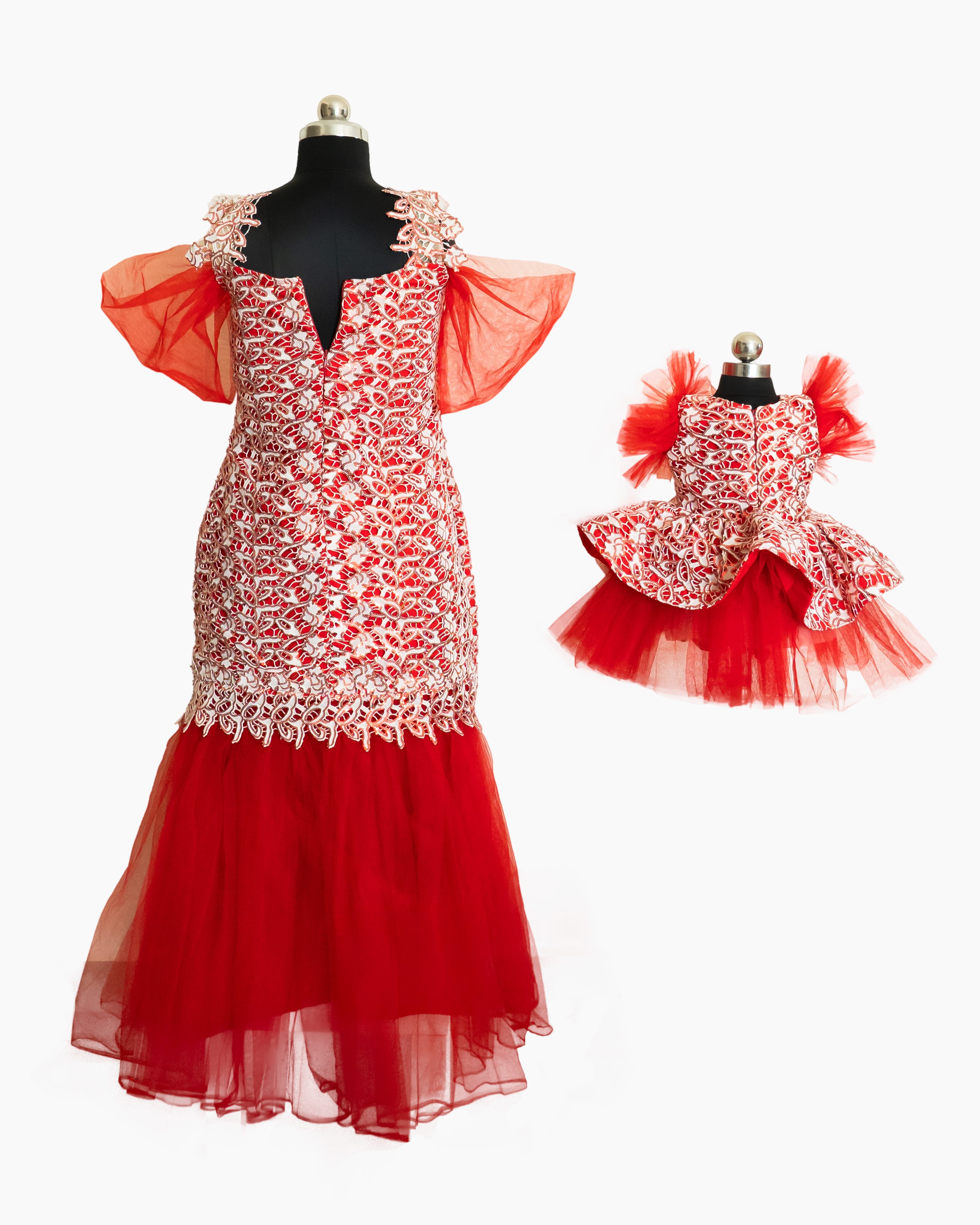 Royal Elegance Mother-Daughter Dress Set with Lace