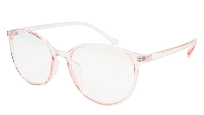 Female Oversize Round Spectacle Frame. See Through Light Pink Frame