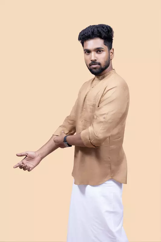 Men's Embroidered Short Kurta - Mustard