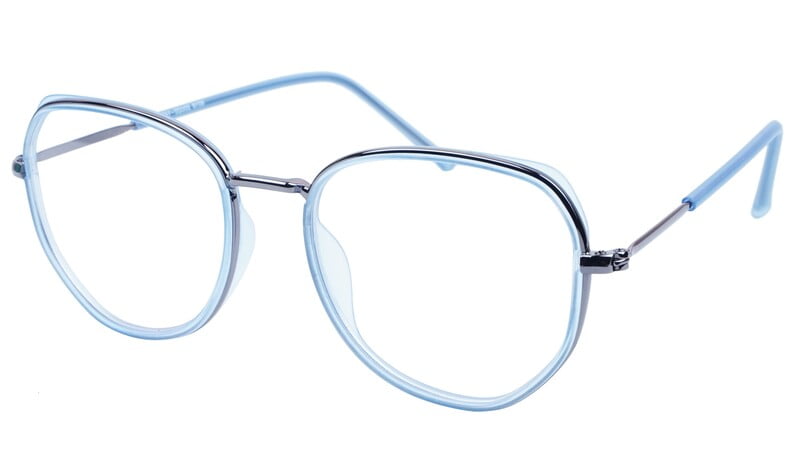 Unisex Large Pentagon Spectacle Frame. Blue &Grey Color Composite Frame. Unisex Large Pentagon Spectacle Frame. Blue &Grey Color Composite Frame.