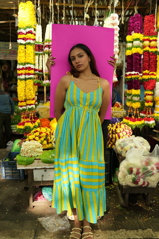 Meghana's Strap & Tie Dress - Blue & lemon yellow stripes
