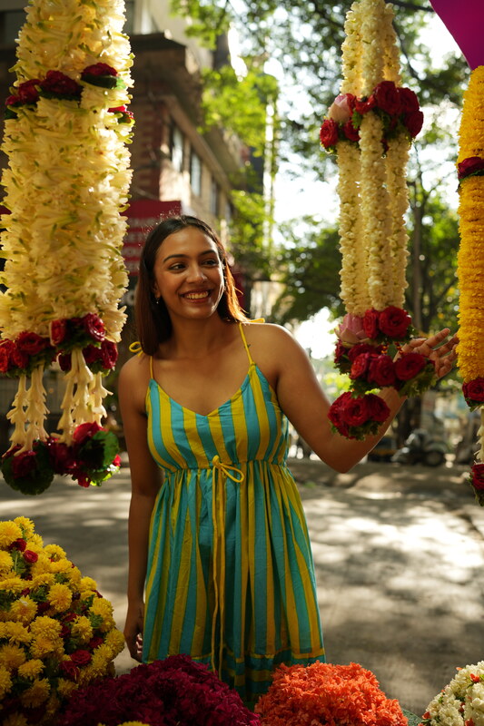 Meghana's Strap & Tie Dress - Blue & lemon yellow stripes