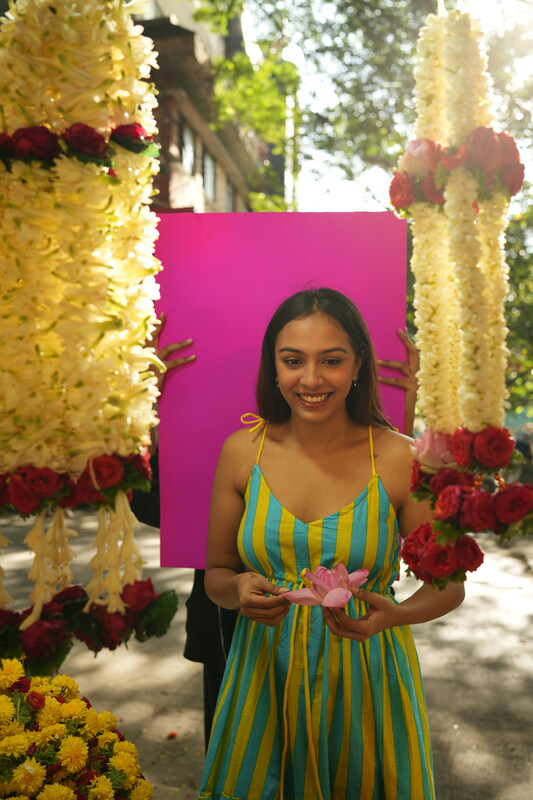 Meghana's Strap & Tie Dress - Blue & lemon yellow stripes