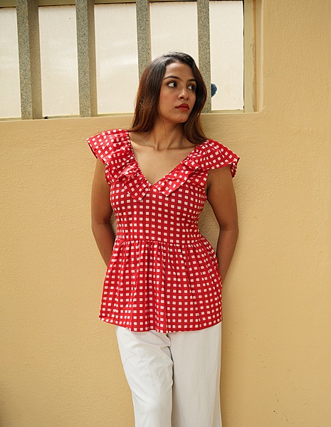 Zehra's V-Neck Frill Top - Red Gingham