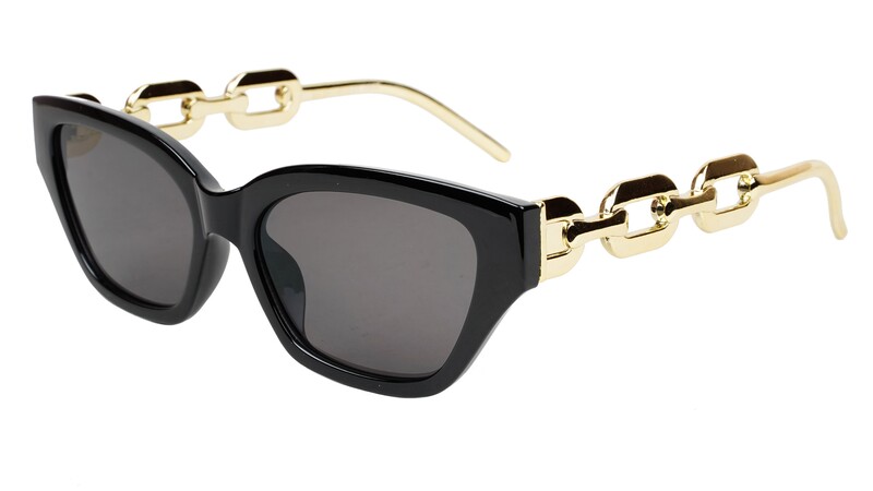 Female Large Cat Eye Sunglass. Black Rim. Golden Temple. Female Large Cat Eye Sunglass. Black Rim. Golden Temple.