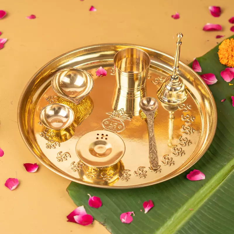 Pure Brass Gold Plated Mangal Kalash Thali Set 10 Inch- Pooja Set