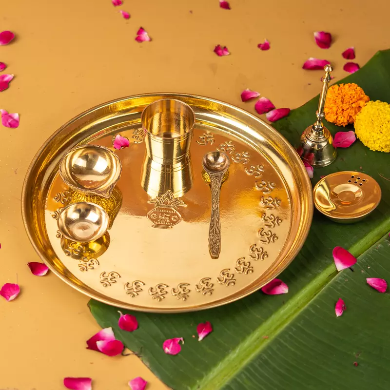 Pure Brass Gold Plated Mangal Kalash Thali Set 10 Inch- Pooja Set