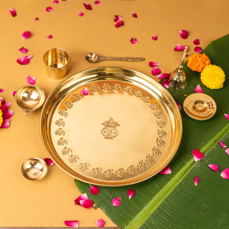Pure Brass Gold Plated Mangal Kalash Thali Set 10 Inch- Pooja Set