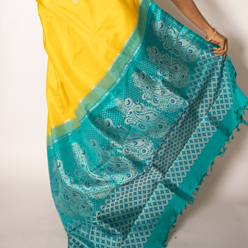 Radiant Yellow Kanchipuram with Turquoise Ocean Partly