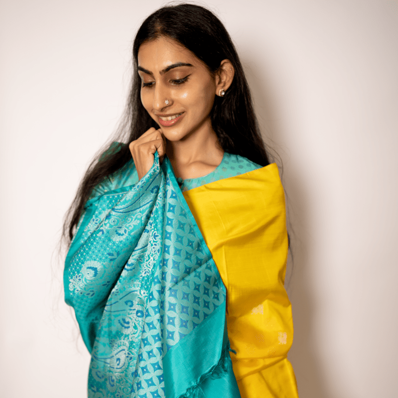 Radiant Yellow Kanchipuram with Turquoise Ocean Partly