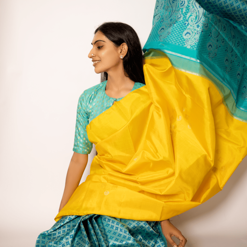 Radiant Yellow Kanchipuram with Turquoise Ocean Partly