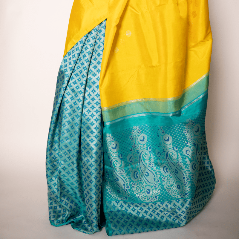 Radiant Yellow Kanchipuram with Turquoise Ocean Partly