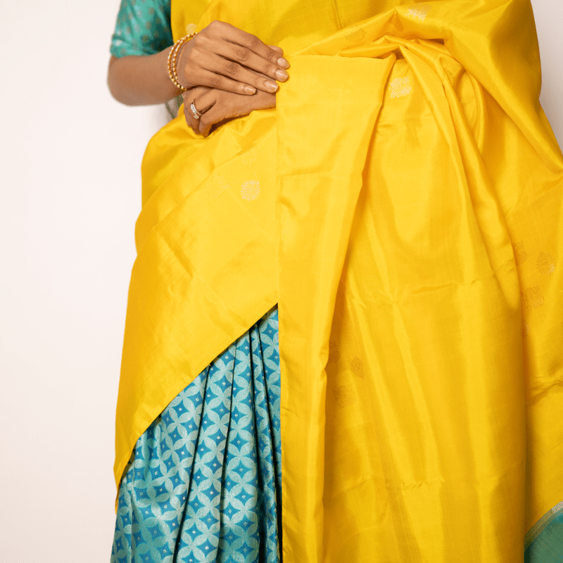 Radiant Yellow Kanchipuram with Turquoise Ocean Partly