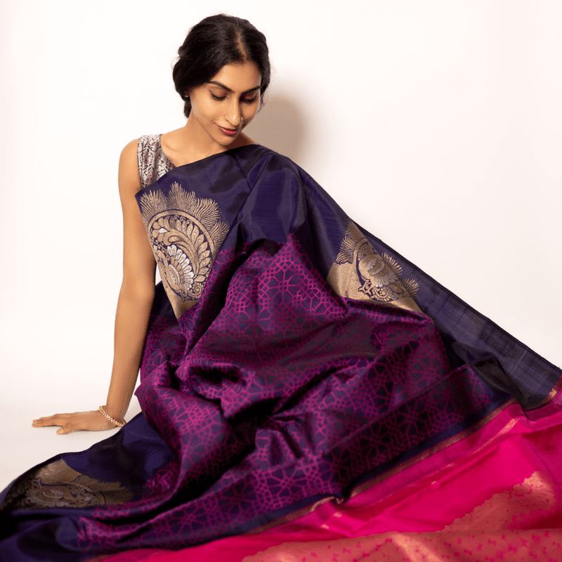 Fuschia Violet Kanchipuram with Honeycomb Art