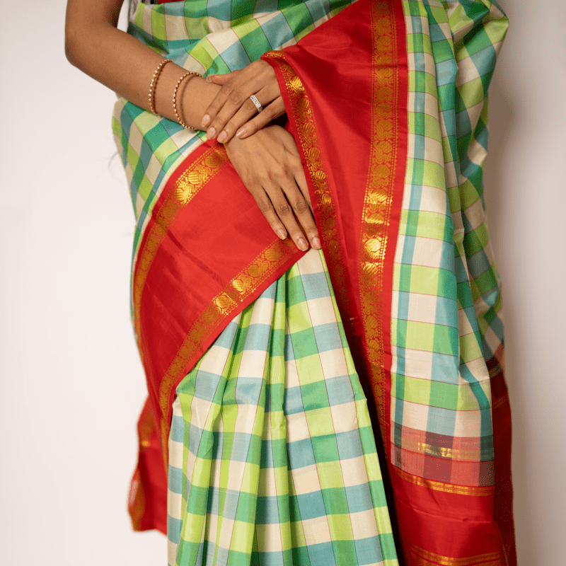 Basra Pearl and Cabbage Green Kanchipuram Kattam