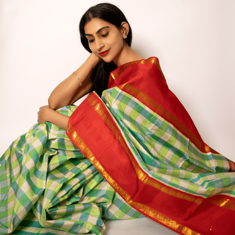 Basra Pearl and Cabbage Green Kanchipuram Kattam