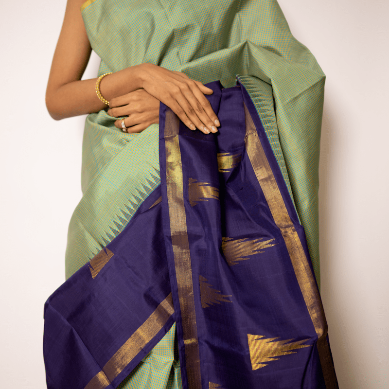 Henna Green and Mustard Yellow Kanchipuram Podi-Kattam