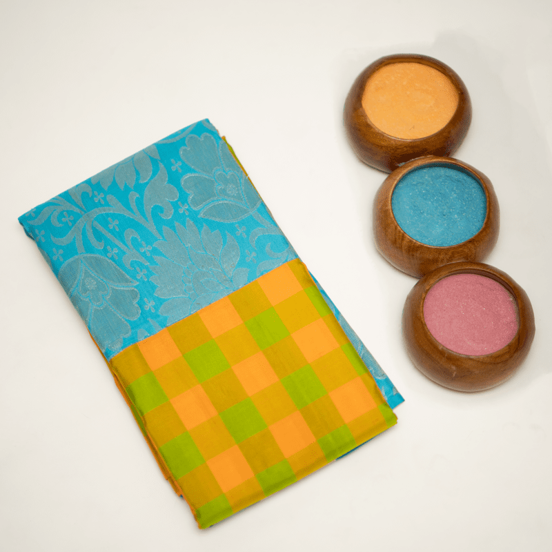 Tan Yellow and Grass Green Kanchipuram with Aqua Blue