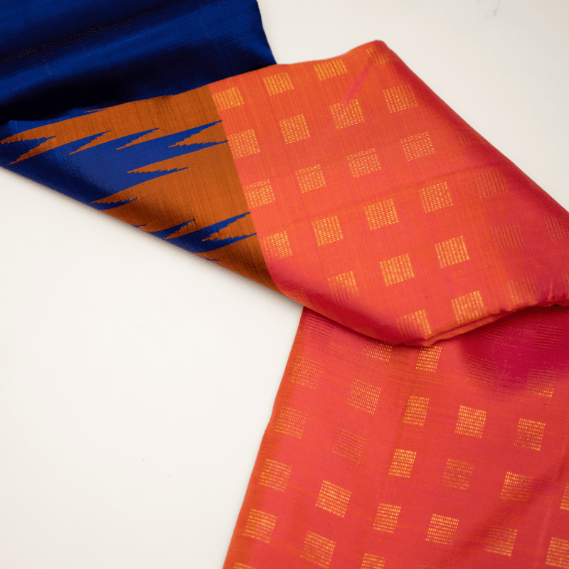 Stormy Blue and Tango Orange Kanchipuram with Thazhampoo