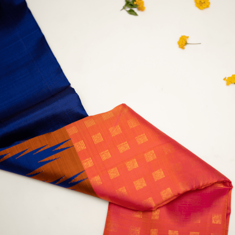 Stormy Blue and Tango Orange Kanchipuram with Thazhampoo
