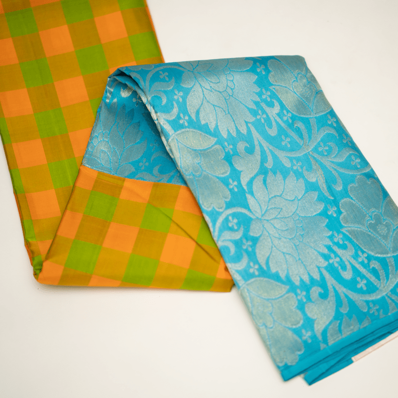 Tan Yellow and Grass Green Kanchipuram with Aqua Blue