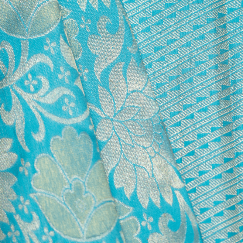 Tan Yellow and Grass Green Kanchipuram with Aqua Blue