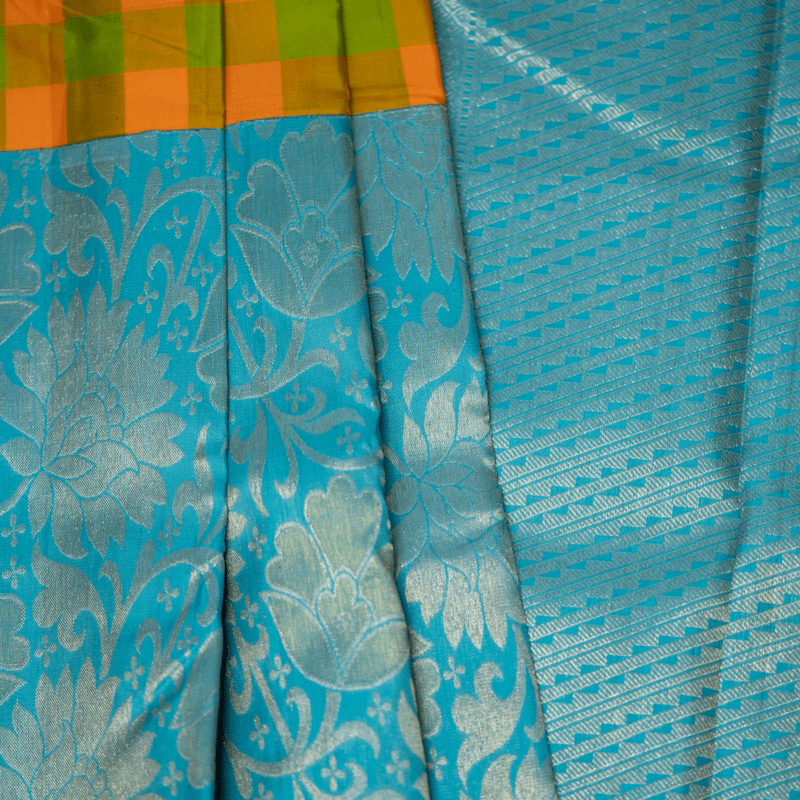 Tan Yellow and Grass Green Kanchipuram with Aqua Blue
