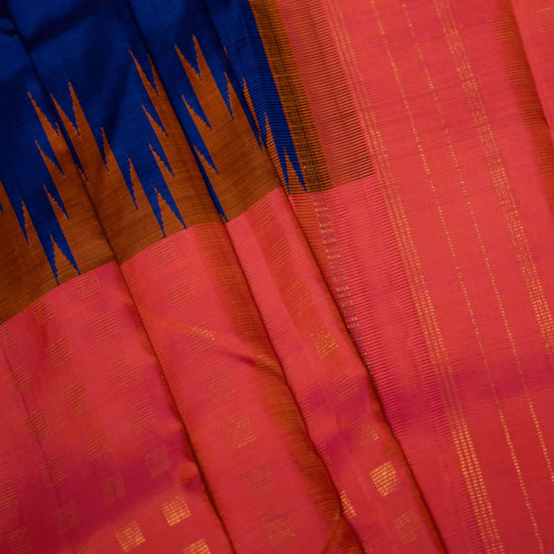 Stormy Blue and Tango Orange Kanchipuram with Thazhampoo
