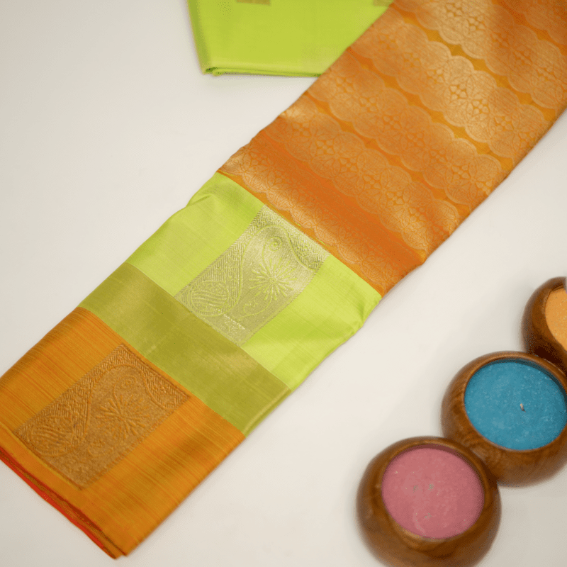 Tango Orange and Organic Green Kanchipuram with Vill Brocade