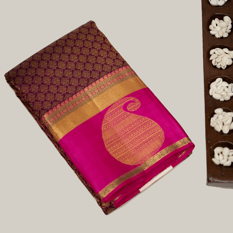 Mahogany Brown Kanchipuram with Prune Pink