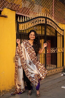 Silk white and purple floral print dupatta on pure Mulberry silk