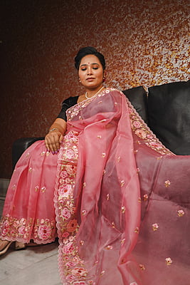 Bright pink pure organza silk saree