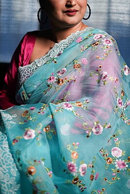 Deep sky blue pure Organza saree