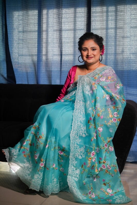 Deep sky blue pure Organza saree