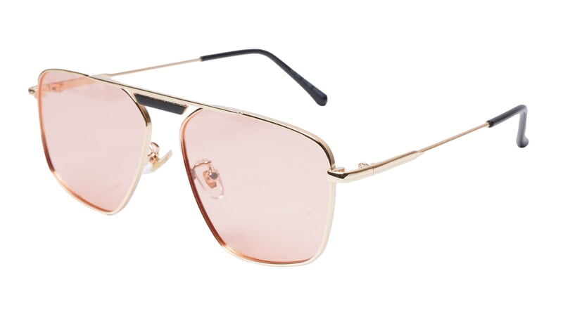 Soigné Female Medium Square Sunglasses.Golden Frame.Pink Lens