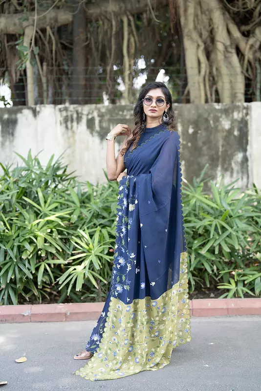 Women's Kalamkari Printed Saree - Navy Blue