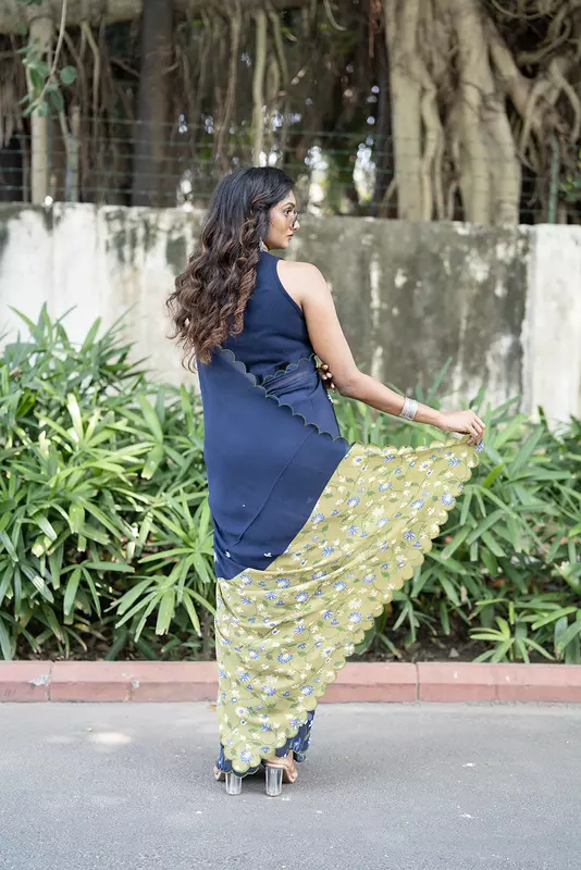 Women's Kalamkari Printed Saree - Navy Blue
