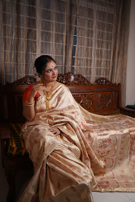 Light golden all over work Swarnachari saree on pure Mulberry silk (katan silk)