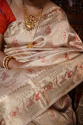 Light golden all over work Swarnachari saree on pure Mulberry silk (katan silk)