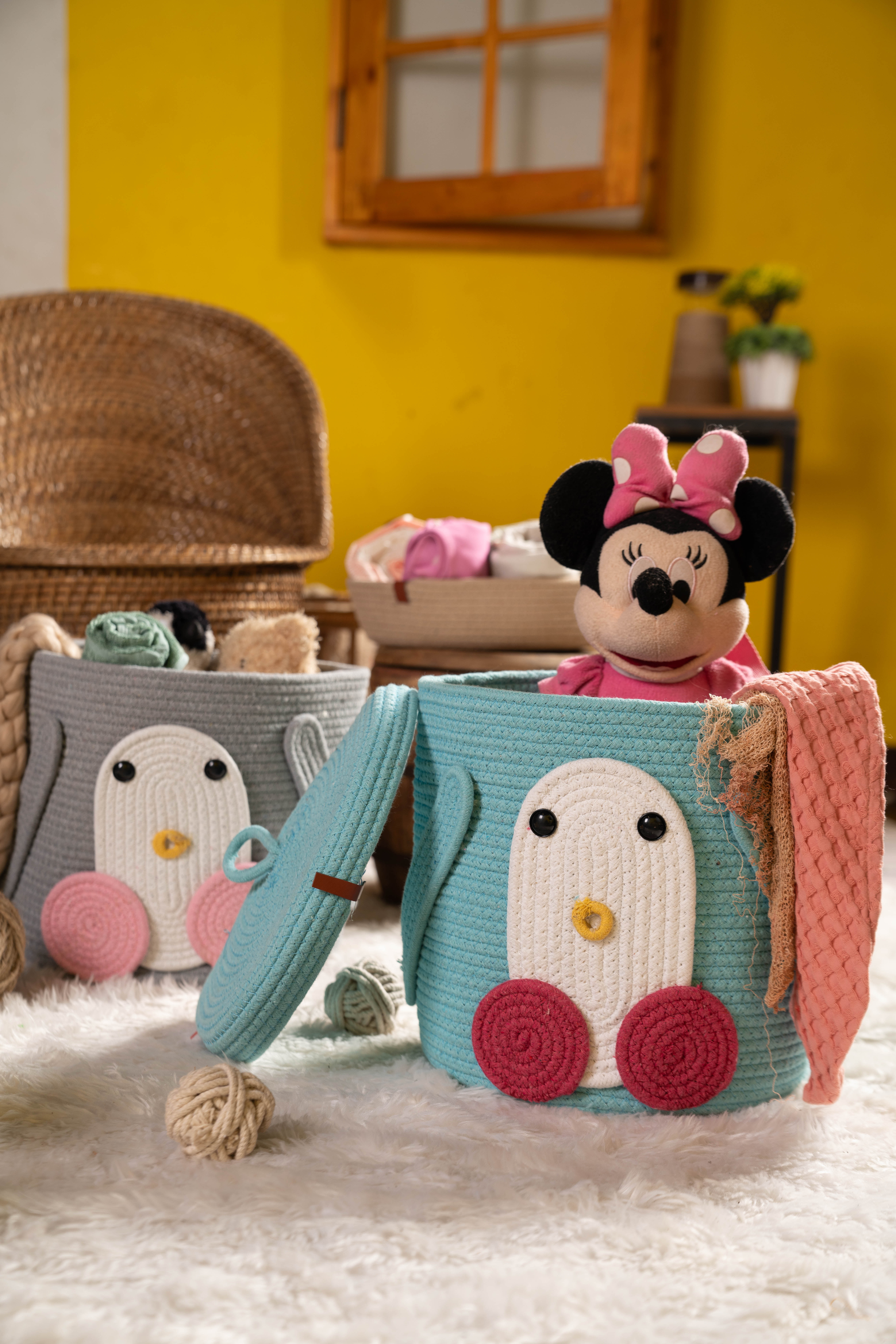 Cotton kids Storage Basket, Organizer Box, Penguin face- Pink/ size(6*6) Handwoven Eco-Friendly Foldable Storage Basket Bins with Lid