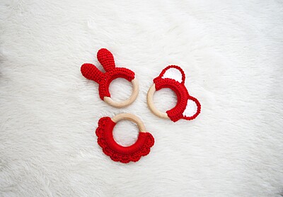 Red Wonder Combo- Set of 3 Crochet Wooden Teethers Red Wonder Combo- Set of 3 Crochet Wooden Teethers