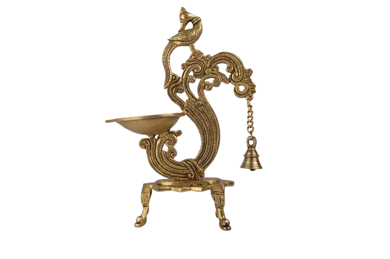 Brass Bird Diya Stand with Bell - 12 inch Height | Melodious Illumination