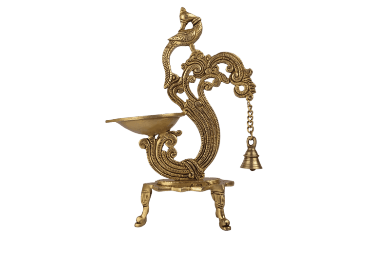 Brass Bird Diya Stand with Bell - 12 inch Height | Melodious Illumination