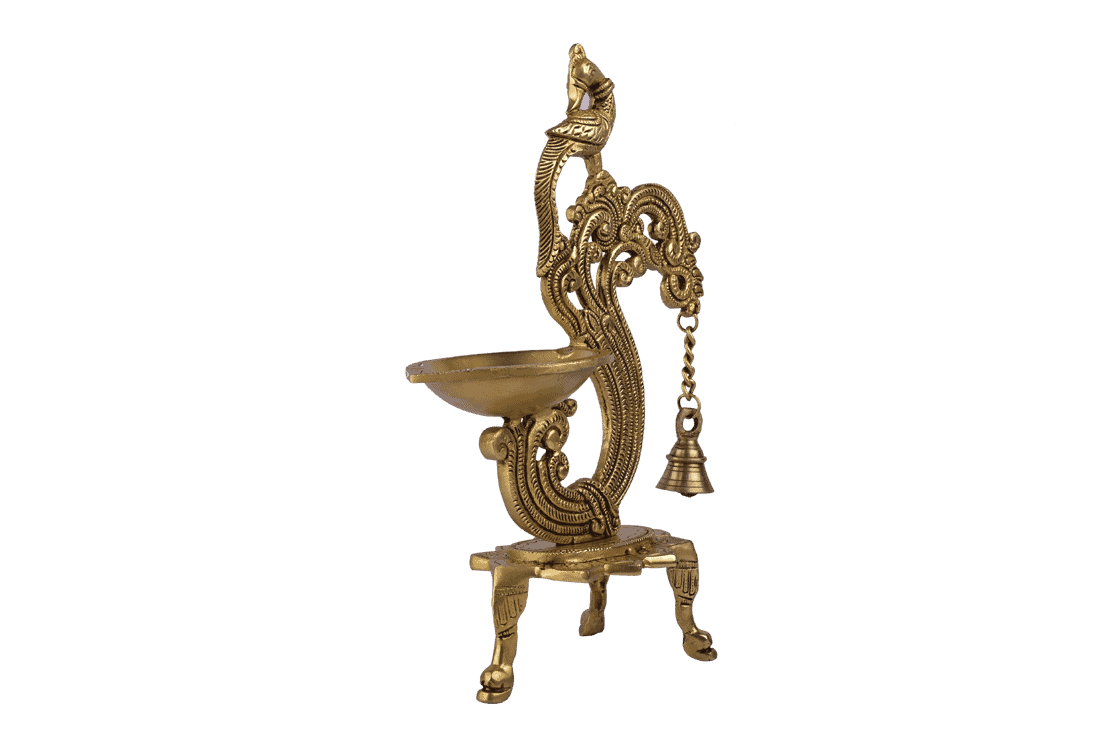 Brass Bird Diya Stand with Bell - 12 inch Height | Melodious Illumination