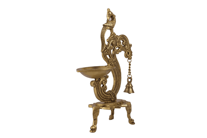 Brass Bird Diya Stand with Bell - 12 inch Height | Melodious Illumination