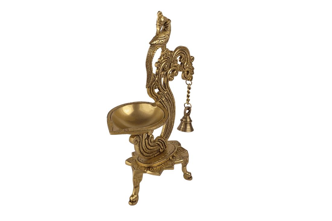Brass Bird Diya Stand with Bell - 12 inch Height | Melodious Illumination