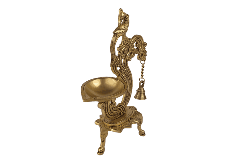 Brass Bird Diya Stand with Bell - 12 inch Height | Melodious Illumination