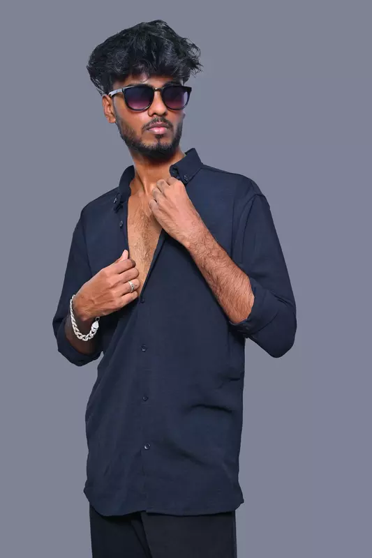 LINEN PLAIN SHIRT NAVY BLUE