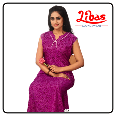 Dark pink cotton sleevless nighty with tiny prints all over from libas loungewear-SL069